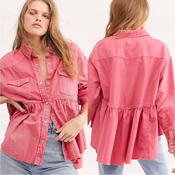 Free People DYLAN Babydoll PINK LOVE Snap button Top Oversized Sz S - Picture 1 of 16